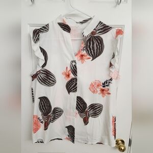 Floral Olive/Peach Sleeveless Buttom Down Blouse